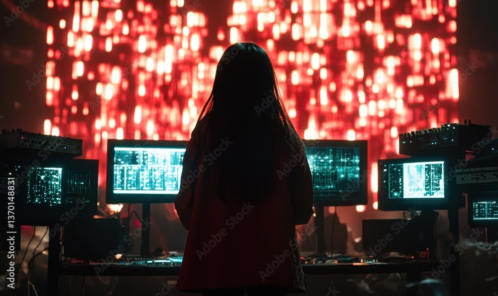 Poster woman monitoring data on multiple screens in tech control room with red digital wall