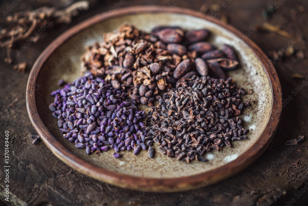 Poster close-up of a rustic plate showcasing various forms of cocoa: nibs, beans and other textures, chocol