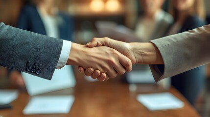 Two business professionals shaking hands over an office desk with women in the background holding documents and smiling, capturing the excitement and intensity of a financial transaction.