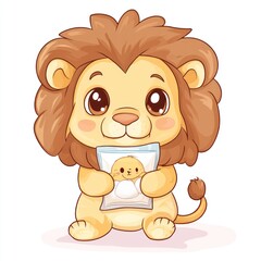 Cute lion holding a treat bag.  A small, adorable lion with big eyes is holding a bag of food. The lion's fur is a light brown and the bag is a pale yellow