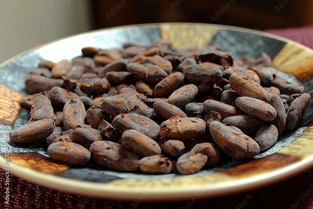 Aufkleber a heap of roasted cocoa beans served in a patterned bowl, presented in macro shot, representing choc