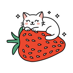Cute White Cat Sleeping on Strawberry