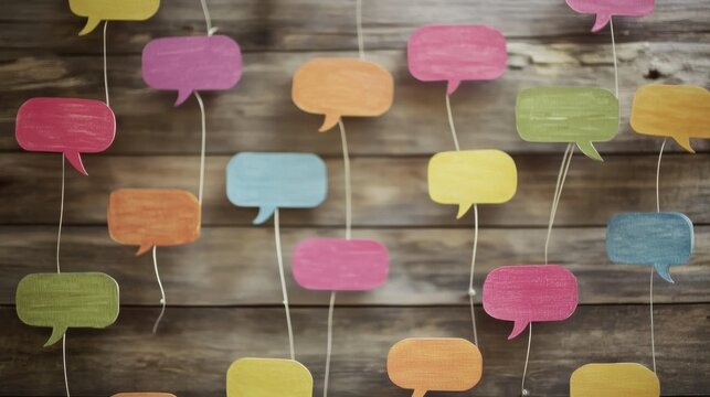 Colorful Speech Bubbles Hanging on Rustic Wooden Background