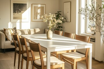 Minimalist Interior Dining Room, interior photo of a sunny dining room with dining table and chair. Generative AI

