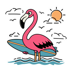 Cartoon Flamingo Surfer on The Beach Illustration