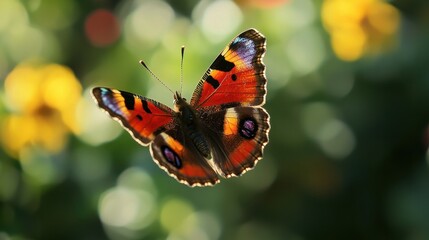 Obraz premium Vibrant Butterfly with Colorful Wings Against a Blurred Flower Background