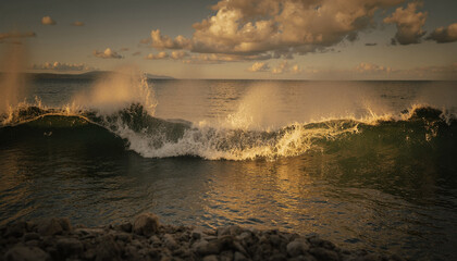 Ocean waves crashing on rocky shore at sunset  