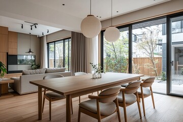 Minimalist interior, interior design of a residential dining room with table and chair in view. Generative AI
