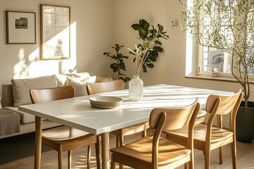 Minimalist, interior photo of a house dining room with a white dining table. Generative AI
