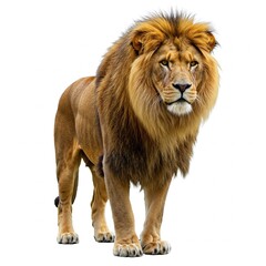 Obraz premium Close-up portrait of a majestic lion isolated on white background, detailed wildlife stock photo 