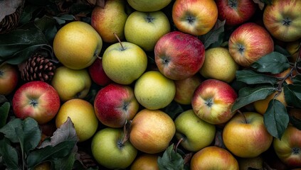 Autumn apples, many ripe, assorted colors, leaves, pine cones, fall harvest