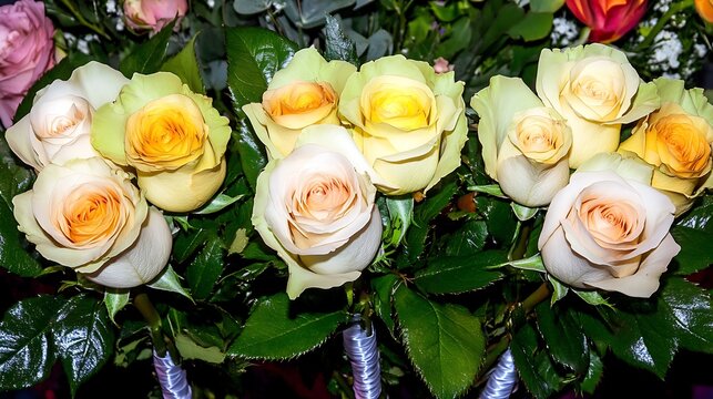 A close up of beautiful roses of different colors
