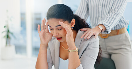 Office, business woman and frustrated with support for stress, investment mistake and missed...