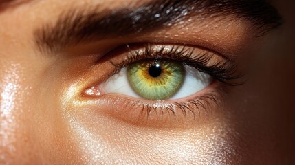 Obraz premium Close-up of a woman's eye with striking green color. Detailed view of makeup, skin, and light reflection