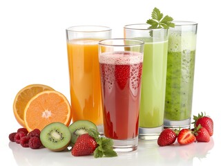Refreshing trio of vibrant fruit juices—orange, strawberry, and kiwi—bursting with flavor and vitamins, presented in tall glasses against a bright white backdrop.