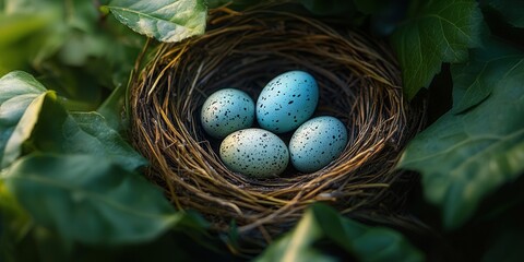 Four blue speckled eggs sit nestled in a bird's nest surrounded by green leaves.