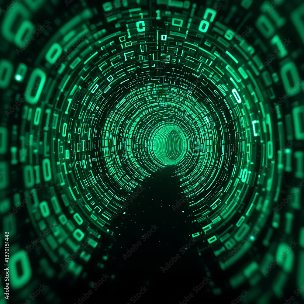 Fototapete Abstract Digital Tunnel of Binary Code Green Glowing Data Stream