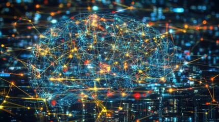 Obraz premium Abstract Glowing Neural Network Brain Visualization Cityscape Background