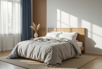 bedroom interior in trend mocha and beige colours with bed and pillows