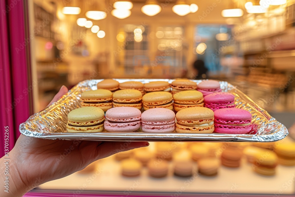 Poster close-up shot of assorted colorful macarons on a silver tray held by a person, displayed in front of
