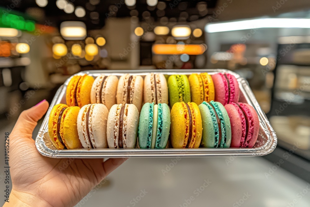 Poster eye-level shot of assorted colorful macarons on a silver tray held by a hand, with blurred lights an