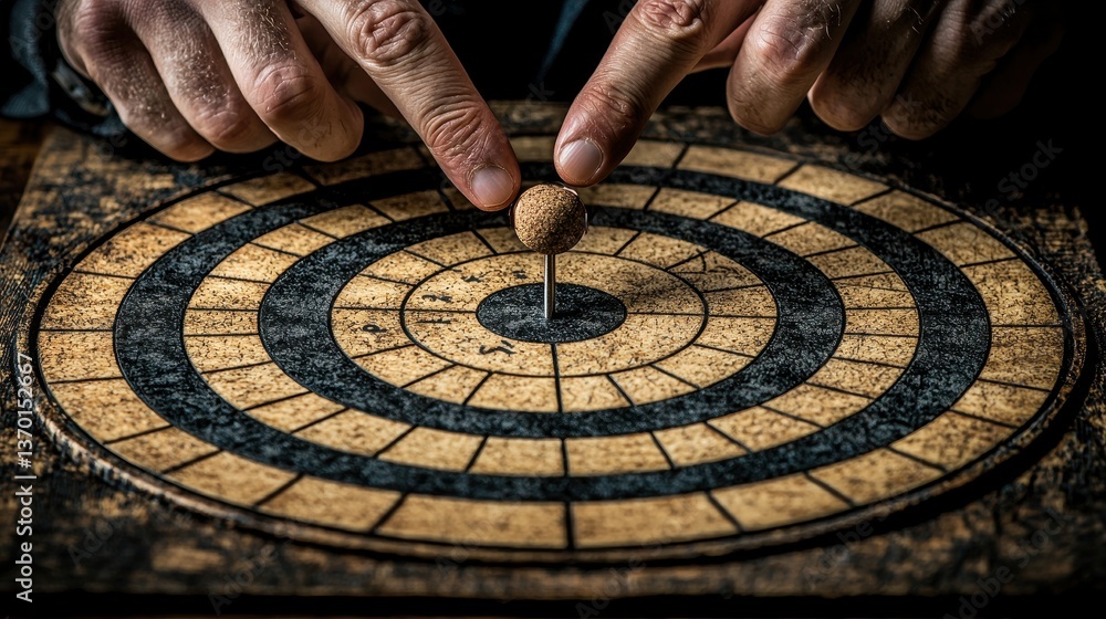 Poster precision targeting with cork ball on dartboard in focus