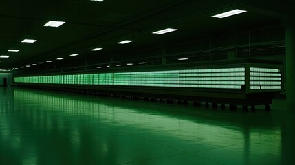 Naklejka premium Long Refrigerated Display Cases in a Dark Green Lit Grocery Store