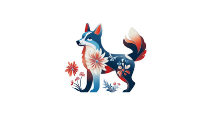 Ornate Floral Dog Design Blue, Red, and White Canine with Flowers