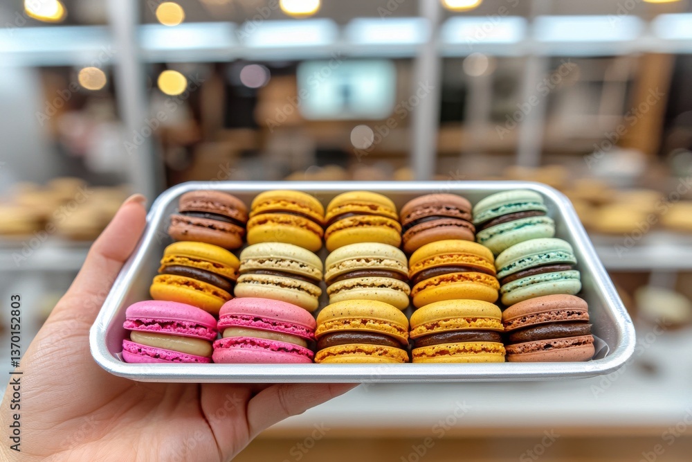 Poster close-up of hand holding a tray of assorted colorful macarons, showcasing the intricate details and 