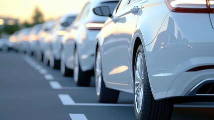 A row of parked white cars, showcasing sleek designs, parked neatly in a well-maintained lot during a golden hour sunset.