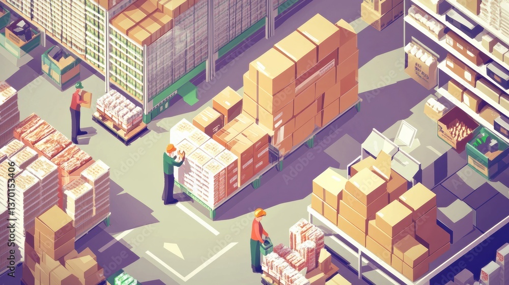 Poster workers in a modern warehouse packing grocery orders in an isometric design with vibrant colors and 