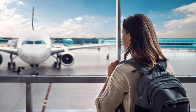 Una mujer joven viajera en la sala de espera de un aeropuerto, frente a la ventana mirando un avi&oacute;n de pasajeros esperando el embarque