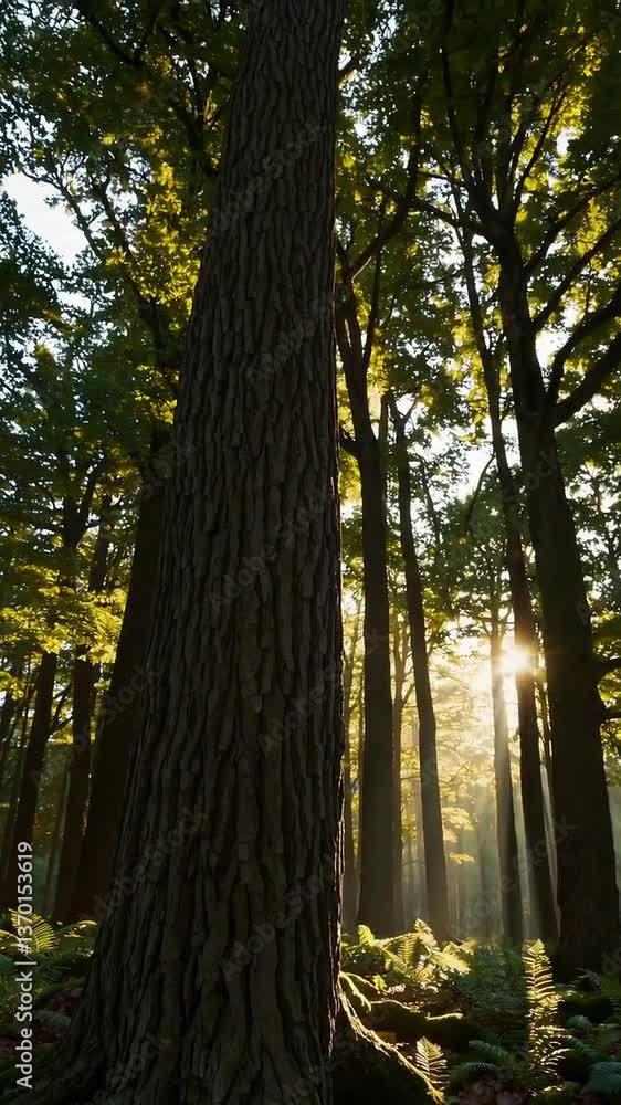 Aufkleber sunlight streaming through forest trees creating a serene atmosphere in early morning