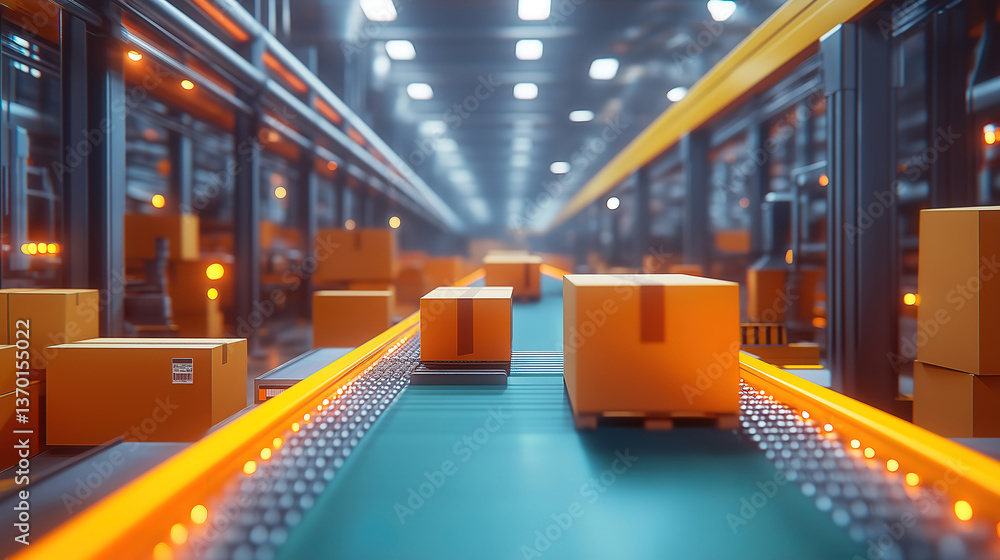 Poster modern logistics hub with automated system managing cardboard box processing