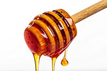 Golden honey dripping from a wooden honey dipper, a sweet treat glistening with rich amber hues against a bright white background.