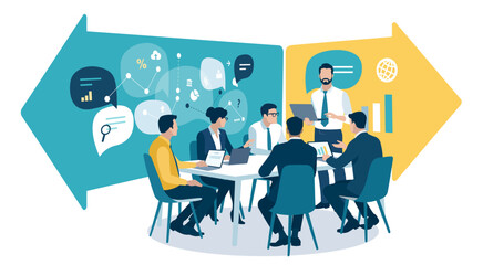 Direction. Business strategy. The team is discussing strategy. Vector illustration