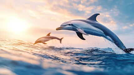 Dolphins leaping playfully ocean waters wildlife photography sunset glow side view marine life exploration