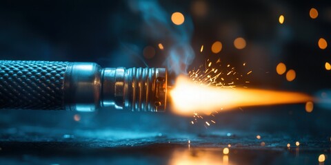 Close-up of a metal tool emitting sparks and fiery flame in a workshop setting.