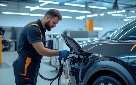 Expert Technician Charging Electric Vehicle - Modern Automotive Maintenance