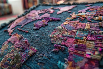 Obraz premium Close-up of a vibrant, handcrafted world map made from textured fabrics, showcasing the rich details and intricate stitching of each continent and ocean.