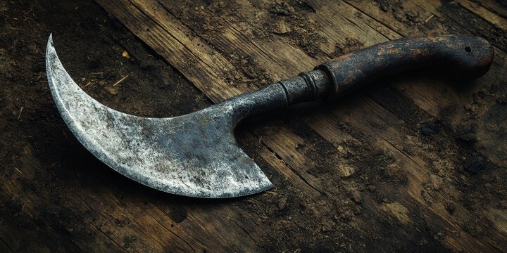 A vintage billhook with a wooden handle lies on a rustic wooden surface.
