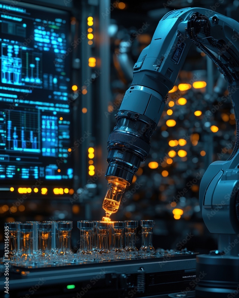 Poster futuristic robotic arm precisely fills glass vials in a high-tech laboratory setting. the scene is i