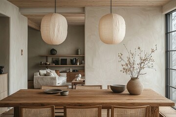 japandi Interior Dining Room, interior design of a modern residential dining room with wooden dining tables and chairs in view. Generative AI
