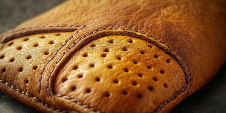 Close-up of a handcrafted brown leather wallet with detailed stitching and perforated design.