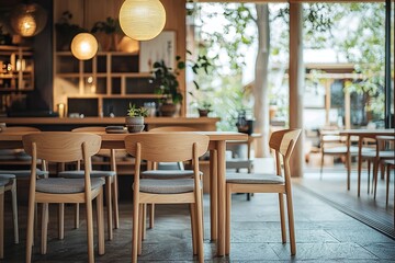 Fototapeta premium An interior photo of a restaurant with a wooden dining table and chairs. Generative AI 