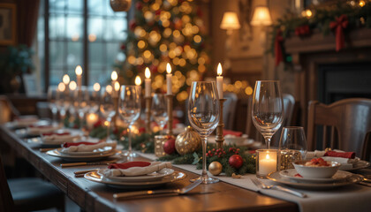 Obraz premium Christmas dinner table, elegant place settings, wine glasses