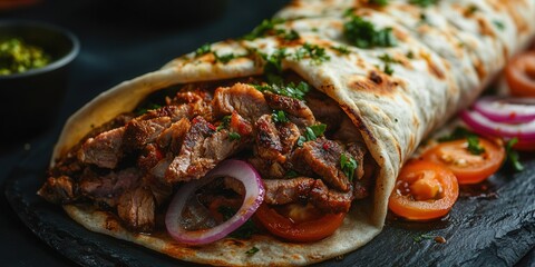 Delicious shawarma wrap with sliced beef, fresh vegetables, and herbs on a dark slate plate.