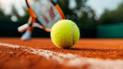 Close Up Tennis Ball on Clay Court