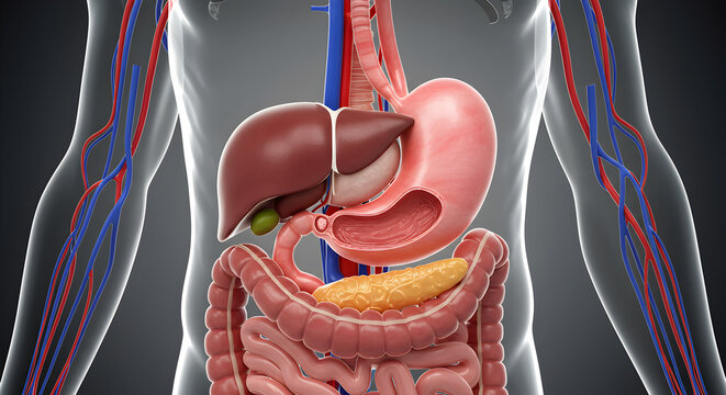 This image shows a 3D illustration of the human digestive system and related circulatory system.
