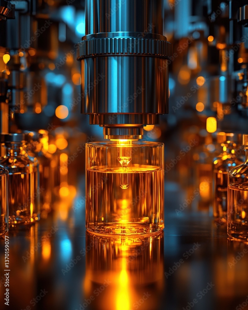 Poster automated liquid filling machine in a modern factory, filling amber glass vials. close-up view showi